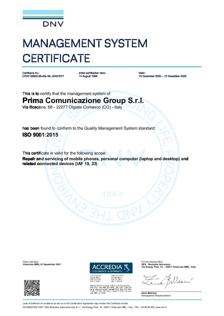 Certificazione DNV Prima Comunicazione Group SRL